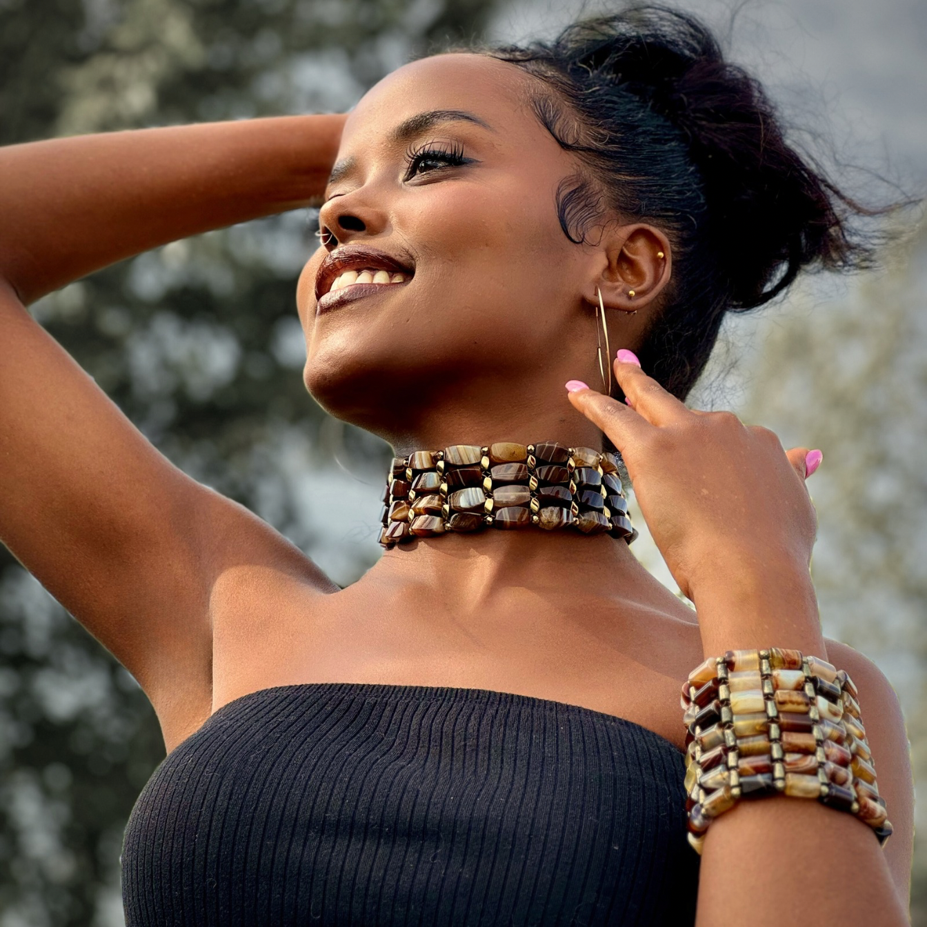 Brown Agate + Gold Choker