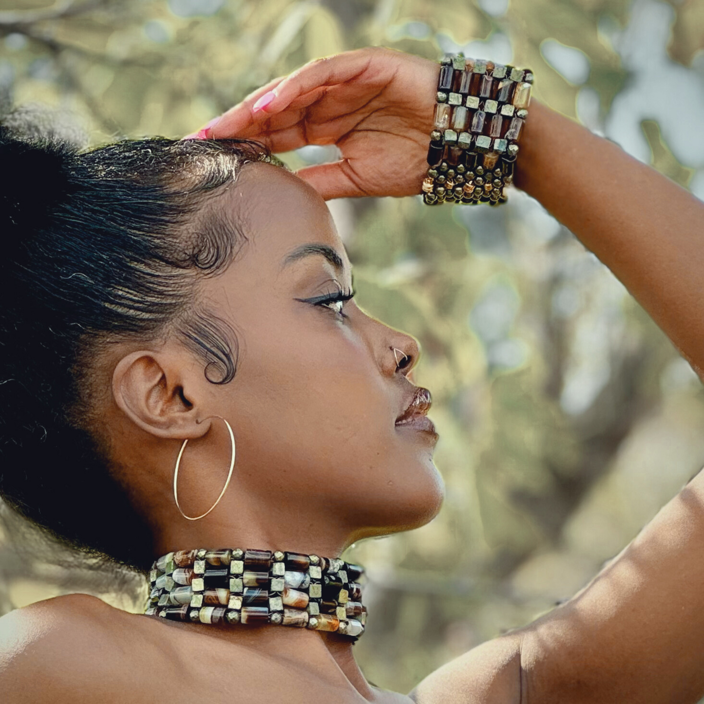 Brown Agate + Pyrite Beaded Bangle