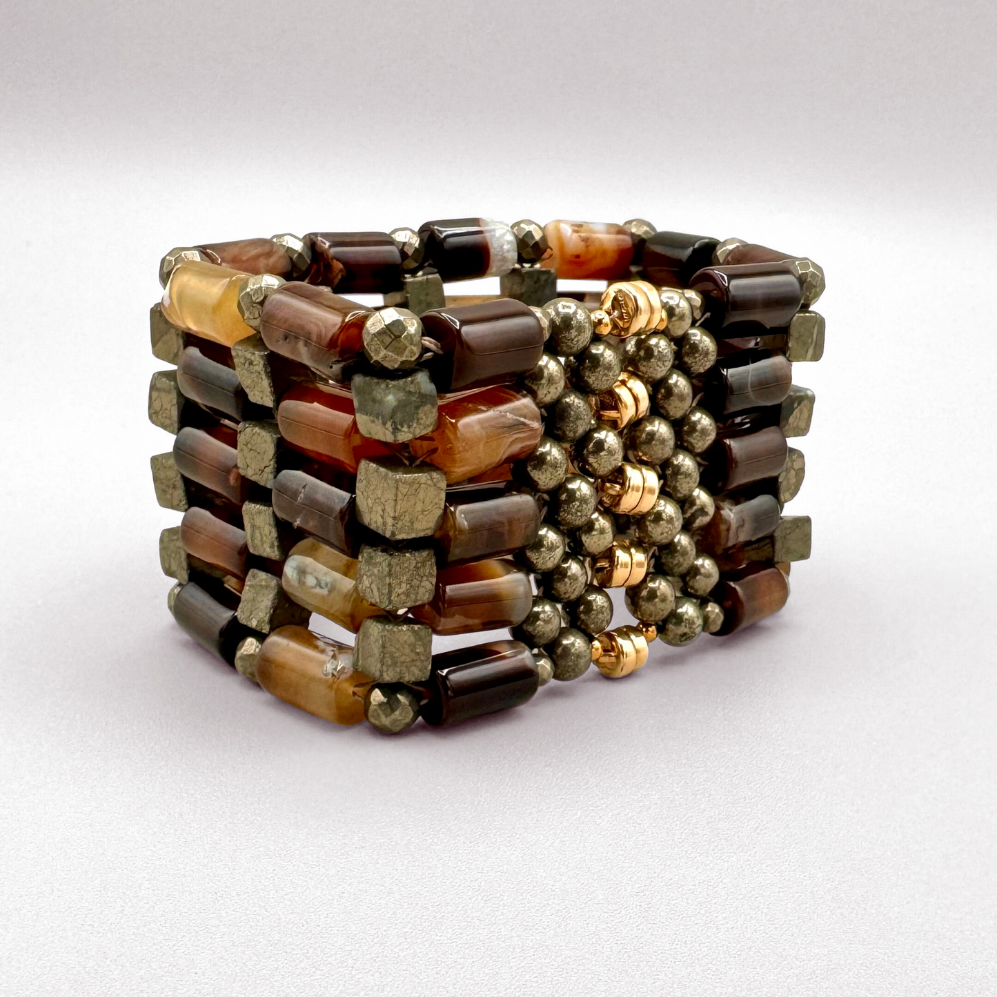 Brown Agate + Pyrite Beaded Bangle