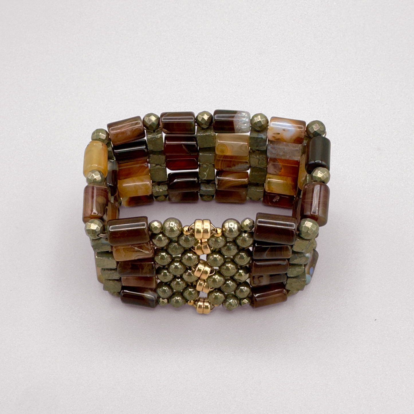 Brown Agate + Pyrite Beaded Bangle