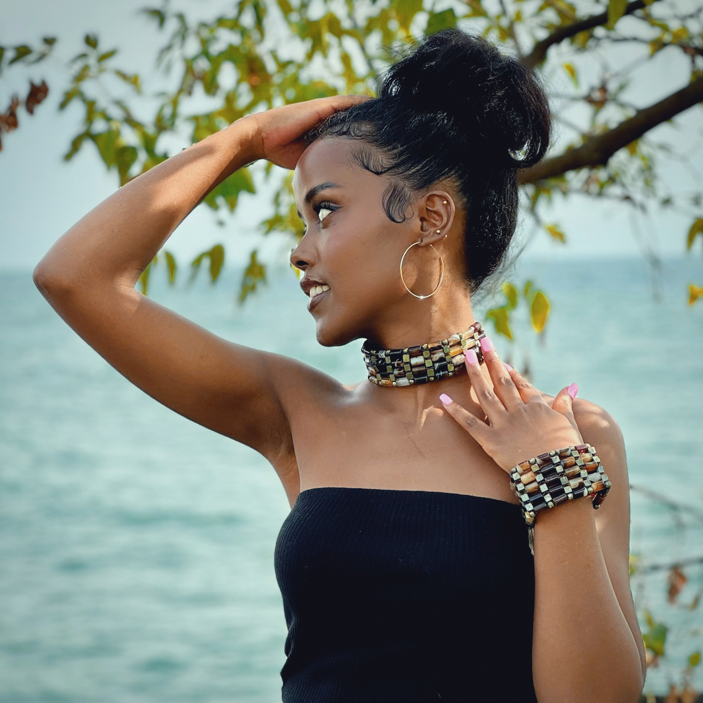 Brown Agate + Pyrite Beaded Bangle