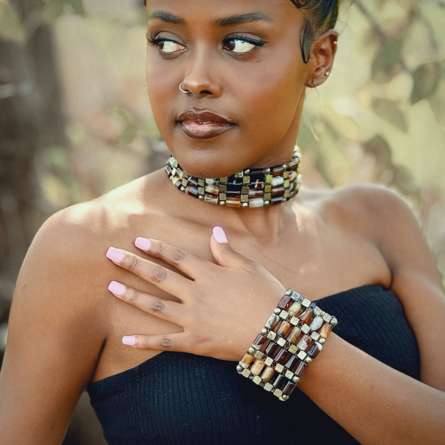Brown Agate + Pyrite Beaded Bangle