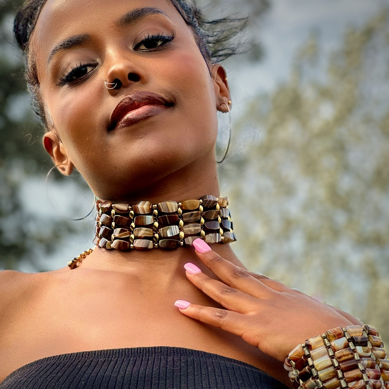 Brown Agate + Gold Choker