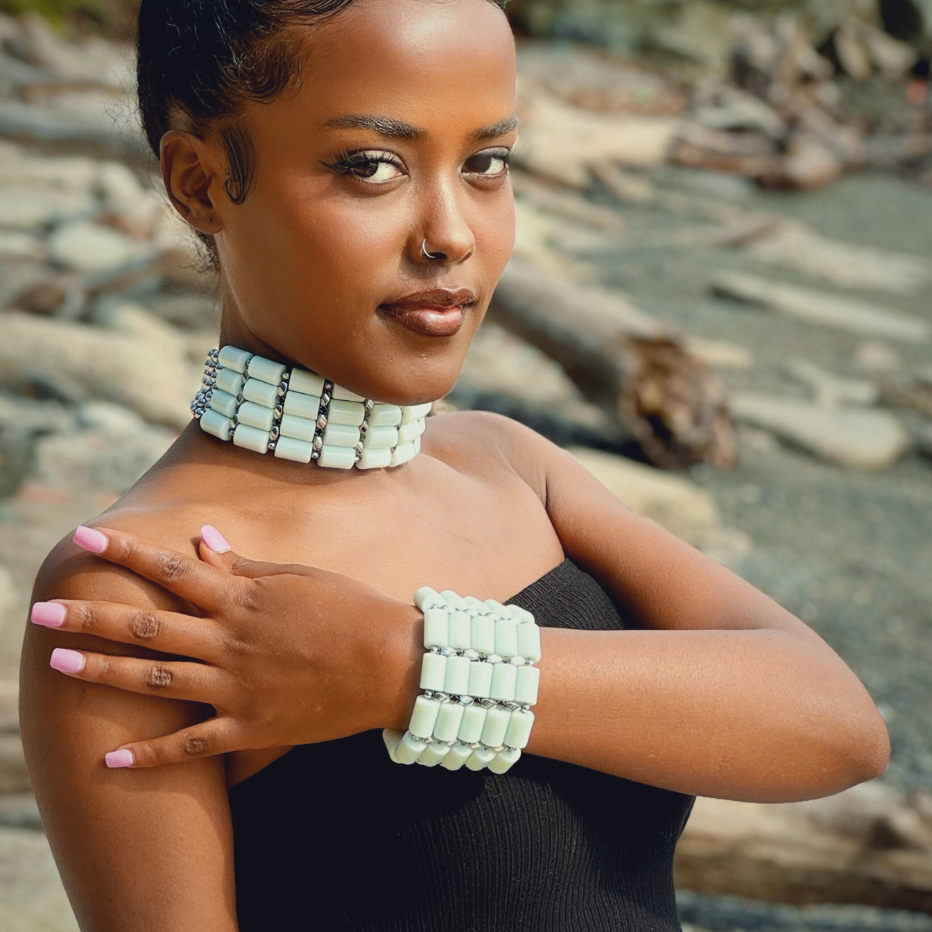 White Jade + Silver Choker