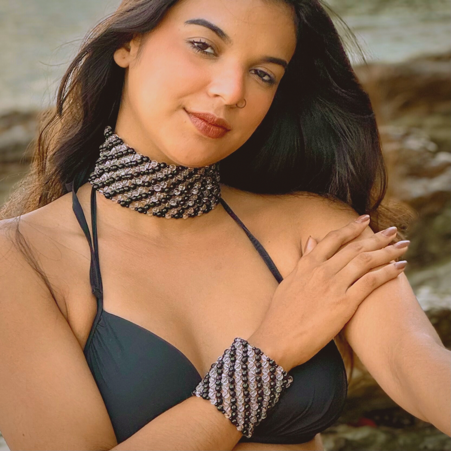 SAHARA S5 Choker in Black Onyx + Clear Quartz