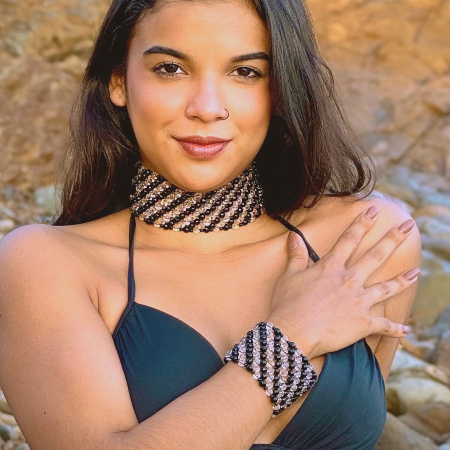 SAHARA S6 Choker in Black Onyx + Clear Quartz