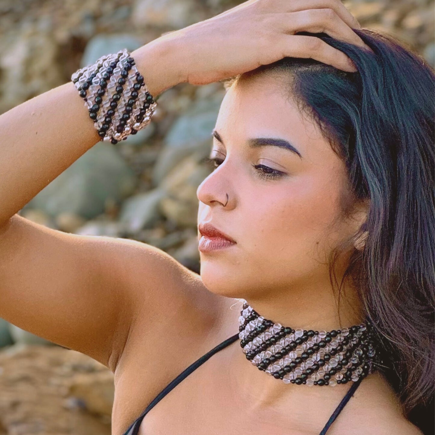 SAHARA S6 Choker in Black Onyx + Clear Quartz