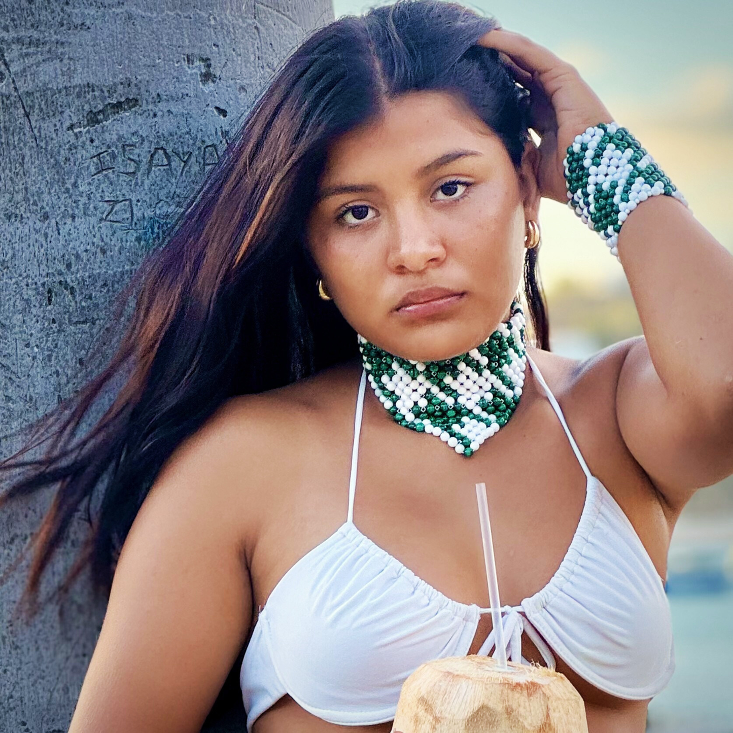 SAHARA S13 Choker in Malachite + White Shell
