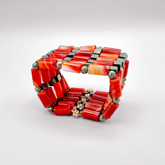 Red Sardonyx + Pyrite Beaded Bangle