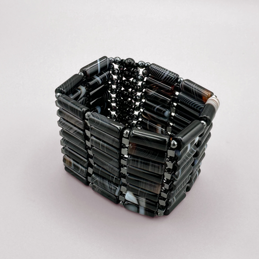 Black Sardonyx + Hematite Beaded Bangle