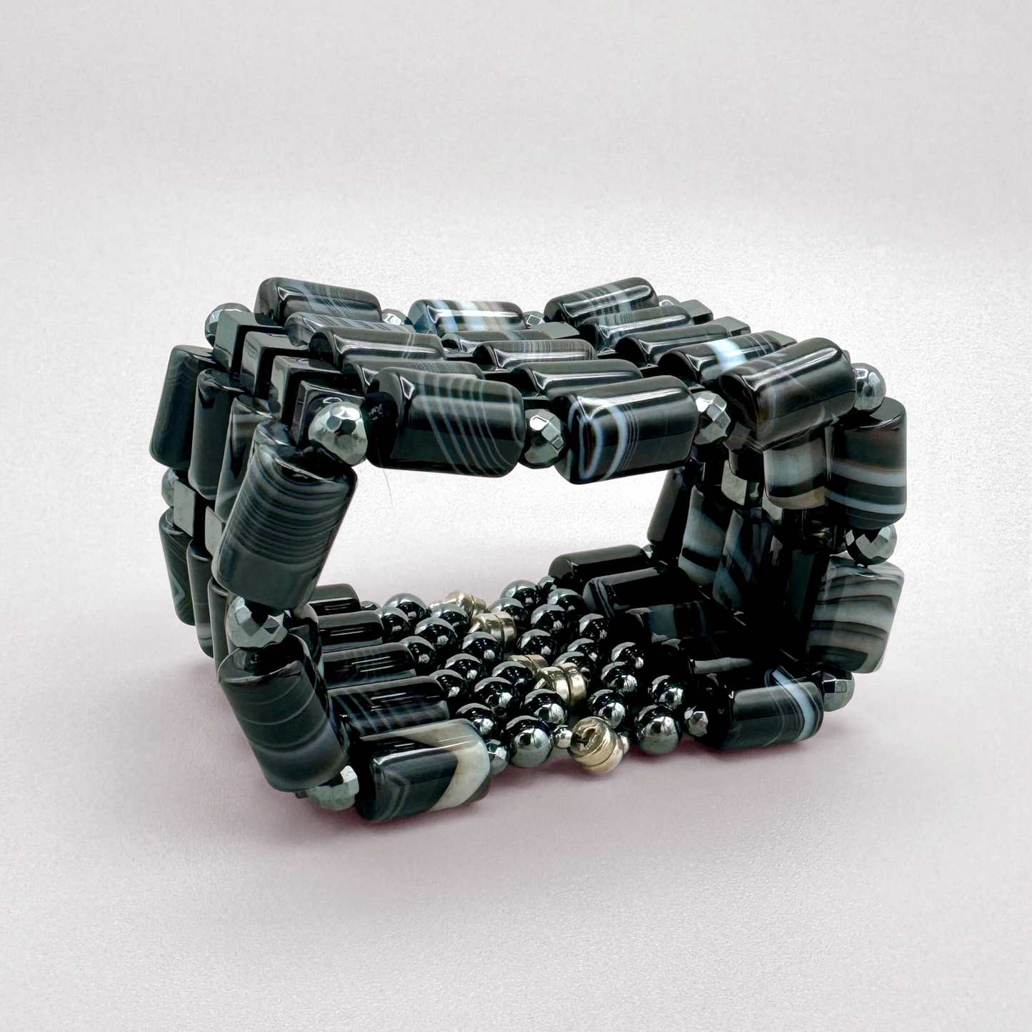 Black Sardonyx + Hematite Beaded Bangle
