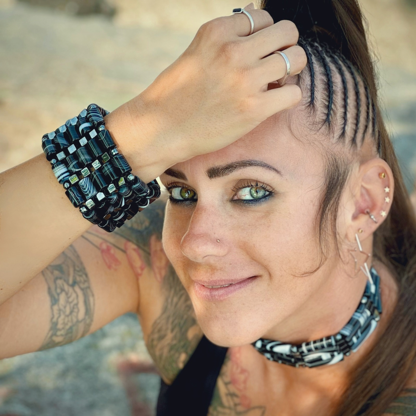 Black Sardonyx + Hematite Beaded Bangle