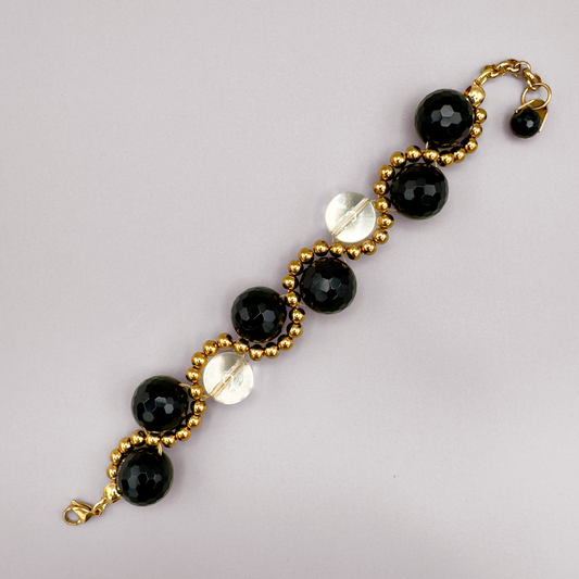 SERPENT 20 Bracelet in Clear Quartz + Black Onyx + Gold