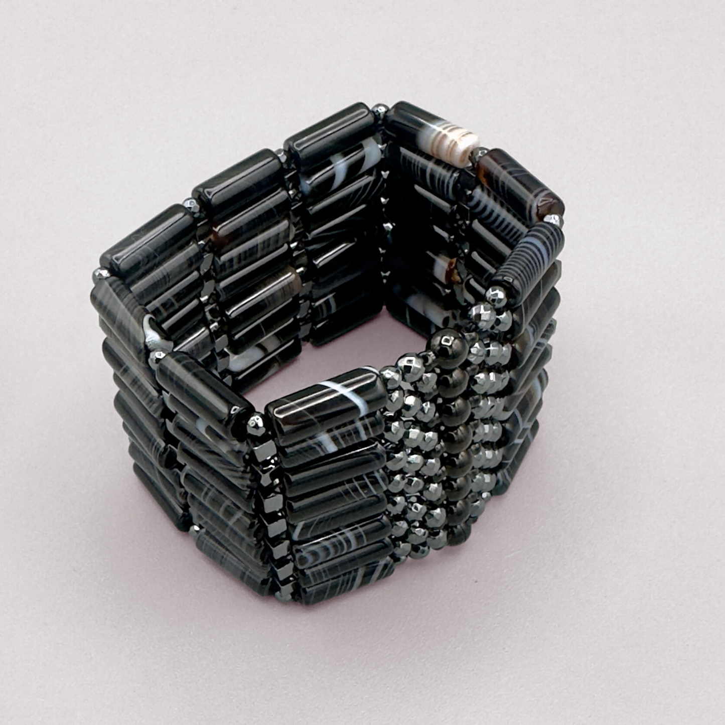 Beaded Bangle in Black Sardonyx + Hematite