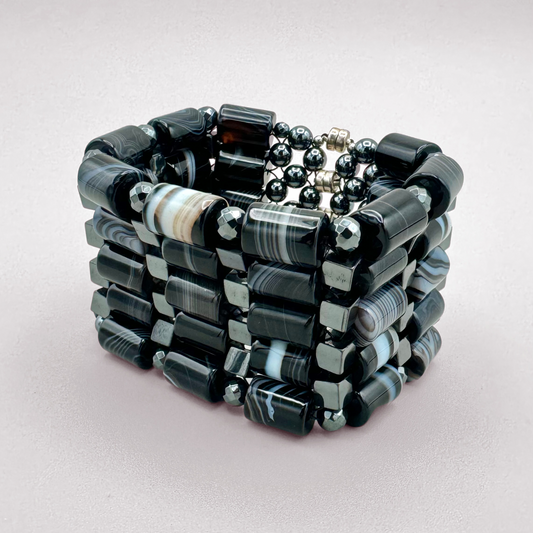 Black Sardonyx + Hematite Beaded Bangle