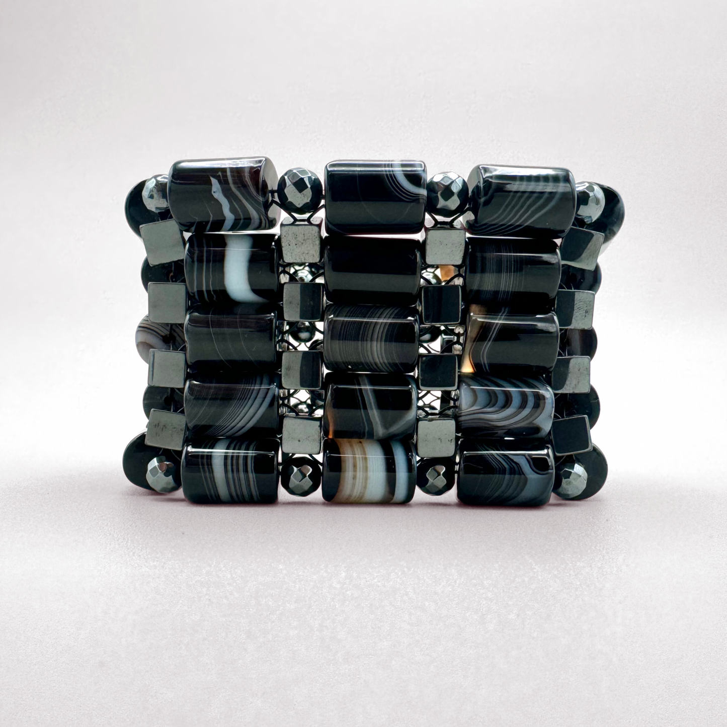 Black Sardonyx + Hematite Beaded Bangle