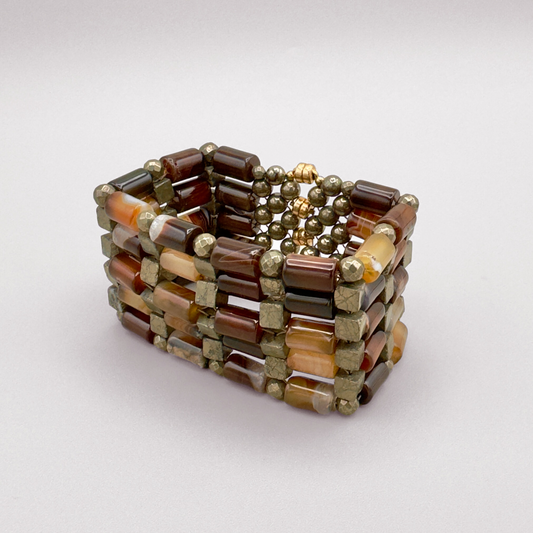 Brown Agate + Pyrite Beaded Bangle