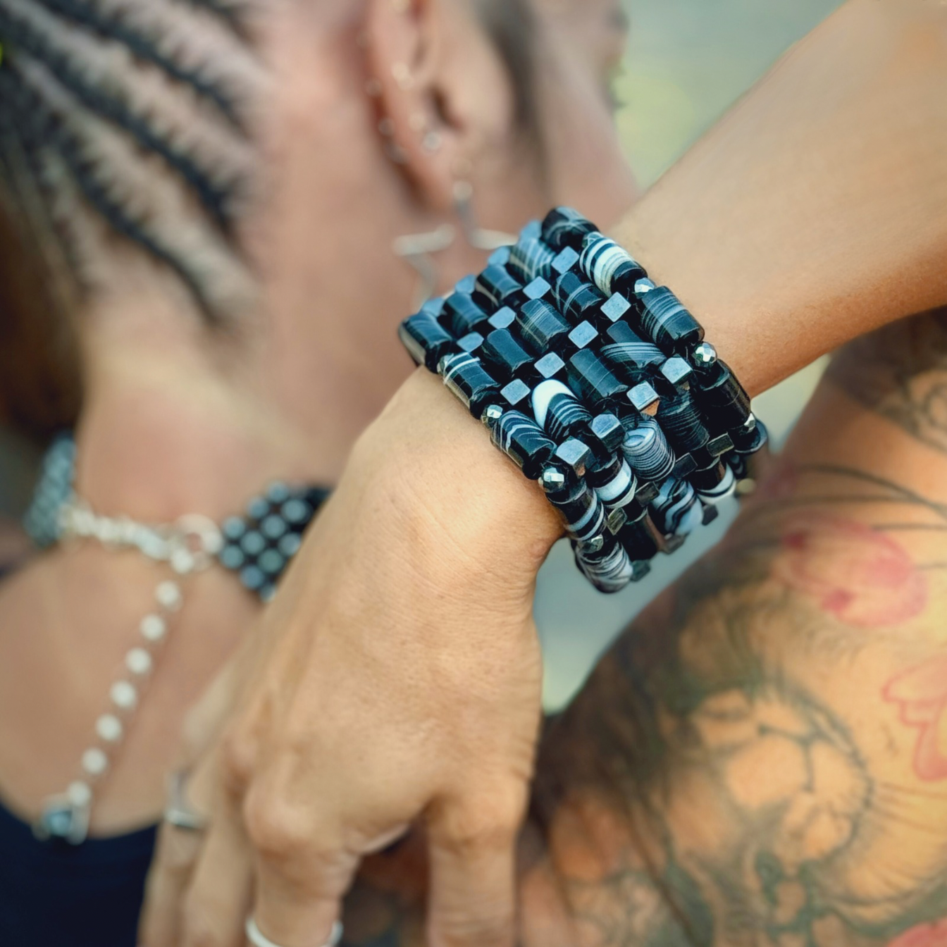Black Sardonyx + Hematite Beaded Bangle
